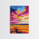 Golden Field, Sunset Sky, Framed Canvas Print, Warm Landscape Art, Country Home Decor, Colorful Painting, Cozy Aesthetic, Dining Room Art