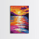 Water Reflection, Colorful Sunset, Lake View, Nature Art, Bold Tones, Serene Decor, Framed Canvas Print, Office, Living Room Art