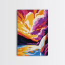 Waterfall Sunset, Nature Wall Art, Colorful Landscape Print, River Painting, Wilderness Home Decor, Vibrant Art, Framed Canvas Print