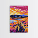 Mountain Meadow, Sunset Landscape Art, Rustic Cabin Decor, Autumn Nature Print, Warm Colors Painting, Framed Canvas Print