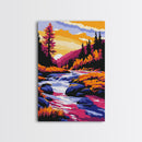 Autumn Stream, Fall Landscape Art, Cozy Cabin Decor, Rustic Nature Print, Vibrant Orange and Blue Painting, Canvas Print