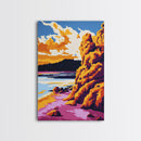 Cliffside Sunset Art, Coastal Landscape Print, Vibrant Nature Painting, Dramatic Sky Wall Art, Framed Canvas Print, Office Scenic Decor
