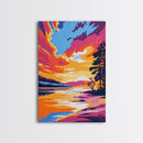 Lakeside Sunset Painting, Serene Nature Wall Art, Warm Color Palette, Scenic Landscape Print, Framed Canvas Print, Boho Bedroom Decor