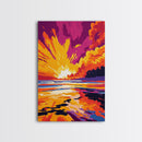 Fiery Ocean Sunset, Dramatic Sky Painting, Bold Color Landscape Art, Vibrant Beach Scene, Framed Canvas Print, Modern Living Room Decor
