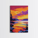 Tranquil Sunset Lake, Scenic Nature Painting, Warm Color Landscape Art, Peaceful Home Decor, Framed Canvas Print, Cozy Bedroom Wall Art