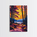 Forest Sunset Path, Tranquil Woodland Scene, Vibrant Landscape Art, Cozy Nature Wall Decor, Framed Canvas Print, Autumn Living Room Art