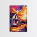 Country House, Farmhouse, Sunset, Glow, Framed Canvas Print, Rural Wall Art, Warm Home Decor, Rustic Landscape, Cozy Living Room