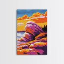 Rock Formations, Beach, Sunset, Vibrant, Framed Canvas Print, Coastal Nature Art, Ocean Landscape, Earthy Decor, Tranquil Wall Art