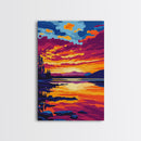 Golden Sunset, Tropical Beach, Ocean View, Framed Canvas Print, Coastal Wall Art, Relaxing Home Decor, Vibrant Beach Aesthetic