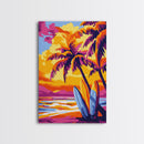 Surf Shack, Tropical Landscape, Sunset Beach, Framed Canvas Print, Boho Wall Art, Coastal Home Decor, Vibrant Surfing Aesthetic