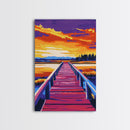 Lakeside Pier, Sunset View, Nature Serenity, Tranquil Waters, Canvas Print, Living Room Wall Art, Rustic Decor, Bold Color Palette