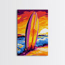Surfboard Sunset, Ocean Waves, Beach Art, Canvas Print, Coastal Living Decor, Bold Tropical Colors, Relaxing Wall Art, Modern Home