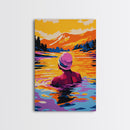 Woman Swimming, Sunset, Nature Art, Framed Canvas Print, Relaxing Wall Art, Bedroom Decor, Bold Colors, Scenic Painting, Lake Art