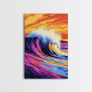 Wave Art, Surfing Aesthetic, Sunset Ocean, Framed Canvas Print, Beach House Decor, Coastal Wall Art, Vibrant Colors, Modern Seascape