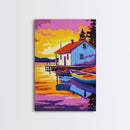 Lakeside Cabin, Cozy Retreat, Waterfront House, Nature Art, Canvas Print, Living Room Wall Art, Rustic Decor, Bold Sunset Tones