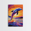 Leaping Dolphin, Ocean Art, Coastal Decor, Vibrant Seascape, Canvas Print, Beach House Wall Art, Nautical Aesthetic, Bold Colors