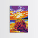 Coastal Grass, Sunset Beach Scene, Framed Canvas Print, Vibrant Seaside Painting, Ocean View Art, Living Room Decor, Warm Nature Art