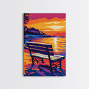 Seaside Bench, Sunset Beach Art, Romantic Wall Art, Coastal Decor, Framed Canvas Print, Nature Wall Art, Serene Landscape Painting