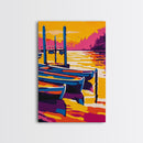 Docked Canoes, Lake Sunset Painting, Nautical Wall Decor, Tranquil Water Scene, Framed Canvas Print, Cabin Wall Art, Serene Landscape