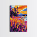 Lakeside Pines, Autumn Nature Art, Tranquil Landscape, Vibrant Sunset Painting, Framed Canvas Print, Cabin Wall Decor, Rustic Home Art