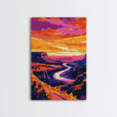 River Valley, Sunset Glow, Nature Escape, Vibrant Canyon, Framed Canvas Print, Living Room Wall Art, Western Landscape Painting