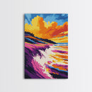 Ocean Waves, Coastal Cliff, Vibrant Sunset, Framed Canvas Print, Beach House Wall Art, Nautical Home Decor, Ocean Serenity Painting