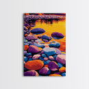 River Stones Reflection, Canvas Print, Colorful Sunset, Modern Landscape, Nature Artwork, Peaceful Lake, Warm Aesthetic, Living Room Art