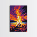 Campfire Blaze, Sunset Glow, Nature Landscape, Framed Canvas Print, Rustic Wall Art, Cabin Decor, Autumn Aesthetic, Warm Colors
