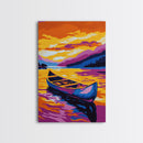 Canoe Serenity, Golden Lake, Sunset Mountains, Canvas Print, Tranquil Nature Art, Living Room Wall Decor, Boho Aesthetic, Warm Colors