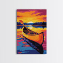 River Canoe, Sunset Glow, Water Reflection, Canvas Print, Adventure Art, Nature Inspired Decor, Boho Aesthetic, Cabin Wall Art