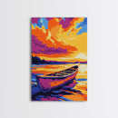 Lake Canoe, Tranquil Waters, Warm Sunset, Framed Canvas Print, Rustic Cabin Art, Living Room Wall Art, Cozy Autumn Decor, Bohemian Style