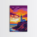 Lighthouse Art, Coastal Seascape Painting, Nautical Home Decor, Ocean Sunset Print, Beach House Wall Art, Framed Canvas Print, Office Decor