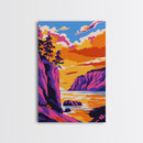 Cliffside Sunset Art, Vibrant Seascape Painting, Ocean Print, Coastal Home Decor, Beach Scene, Framed Canvas Print, Living Room Art