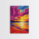 Sunset Beach, Ocean View, Coastal Wall Art, Vibrant Seascape, Living Room Decor, Nautical Aesthetic, Framed Canvas Print, Gift Idea