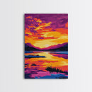 Sunset Reflection Art, Vibrant Lake Painting, Colorful Nature Canvas Print, Tranquil Home Decor, Boho Wall Art, Living Room Art