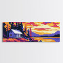Lakeside Cabin, Cozy Home Decor, Autumn Retreat, Nature Wall Art, Framed Canvas Print, Rustic Lodge, Warm Sunset, Peaceful Living