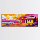 Desert House, Sunset Landscape, Vibrant Wall Art, Canvas Print, Western Home Decor, Colorful Southwest, Living Room Art, Bold Painting