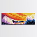 Rolling Waves, Ocean Sunset, Coastal Wall Art, Vibrant Beach Scene, Framed Canvas Print, Nautical Decor, Surfer Room, Seascape Painting