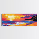 Golden Beach, Sunset Seascape, Ocean Art, Framed Canvas Print, Vibrant Coastal Scene, Nautical Living Room Decor, Waterscape Painting