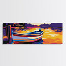 Lake Boat, Sunset Art, Cabin Decor, Vibrant Wall Art, Framed Canvas Print, Rustic Living Room, Nautical Art, Bold Seascape Painting