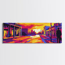 Sunset Street, Urban Glow, Cityscape Silhouette, Vibrant Colors, Framed Canvas Print, Living Room Decor, Bold Abstract, Urban Landscape