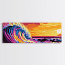 Giant Wave, Ocean Surf, Sunset Splash, Coastal Energy, Framed Canvas Print, Surfer Wall Art, Beach House Decor, Living Room Art
