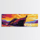 Shipwreck Sunset, Abandoned Boat, Nautical Scene, Dramatic Seascape, Framed Canvas Print, Coastal Wall Art, Living Room Decor