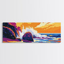 Rocky Shore, Ocean Wave, Sunset Coastline, Vibrant Nature, Framed Canvas Print, Beach House Decor, Bold Seascape, Nautical Style