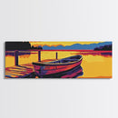 Lake Boat, Sunset Reflection, Framed Canvas Print, Cabin Wall Art, Nautical Home Decor, Serene Landscape, Vibrant Art, Nature Scene