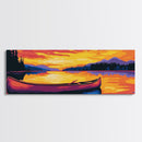 Tranquil Canoe, Lake Reflection, Majestic Sunset, Framed Canvas Print, Cozy Cabin Wall Art, Rustic Retreat Decor, Adventure Aesthetic