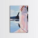 Woman by Water, Soft Pastel Art, Romantic Beach Scene, Minimalist Print, Framed Canvas Print, Tranquil Home Decor, Feminine Wall Art