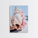 Seashell, Pink Flowers, Beach Aesthetic, Coastal Wall Art, Framed Canvas Print, Nautical Decor, Ocean Lover, Bedroom Art
