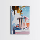 Beach Picnic, Palm Tree, Drinks, Framed Canvas Print, Summer Wall Art, Tropical Aesthetic, Kitchen Art, Coastal Home Decor, Boho Art