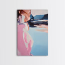 Dreamy Beach Art, Minimalist Woman Portrait, Coastal Fashion Illustration, Soft Pastel Colors, Framed Canvas Print, Bedroom Wall Art